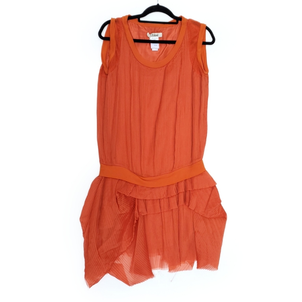 Chloé Orange Draped Ruffled Hem Pleated Dress - Picture 2 of 11